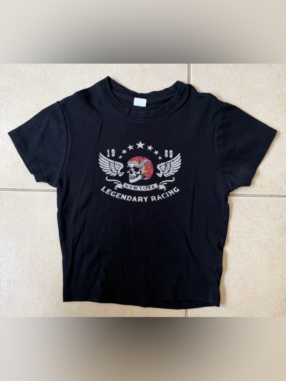 Vibe N’ New York Legendary Racing Graphic Crop Top Black Skull Wings XS